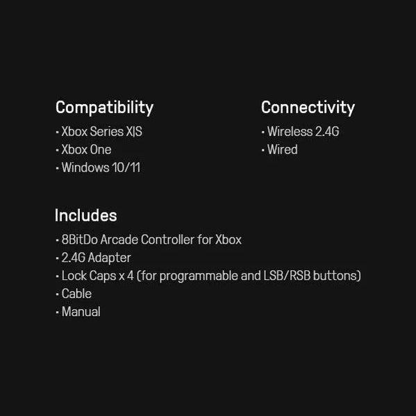8Bitdo Arcade Controller 2.4G/USB pour Xbox Series X/S, Xbox One et Windows - Edition Noire
